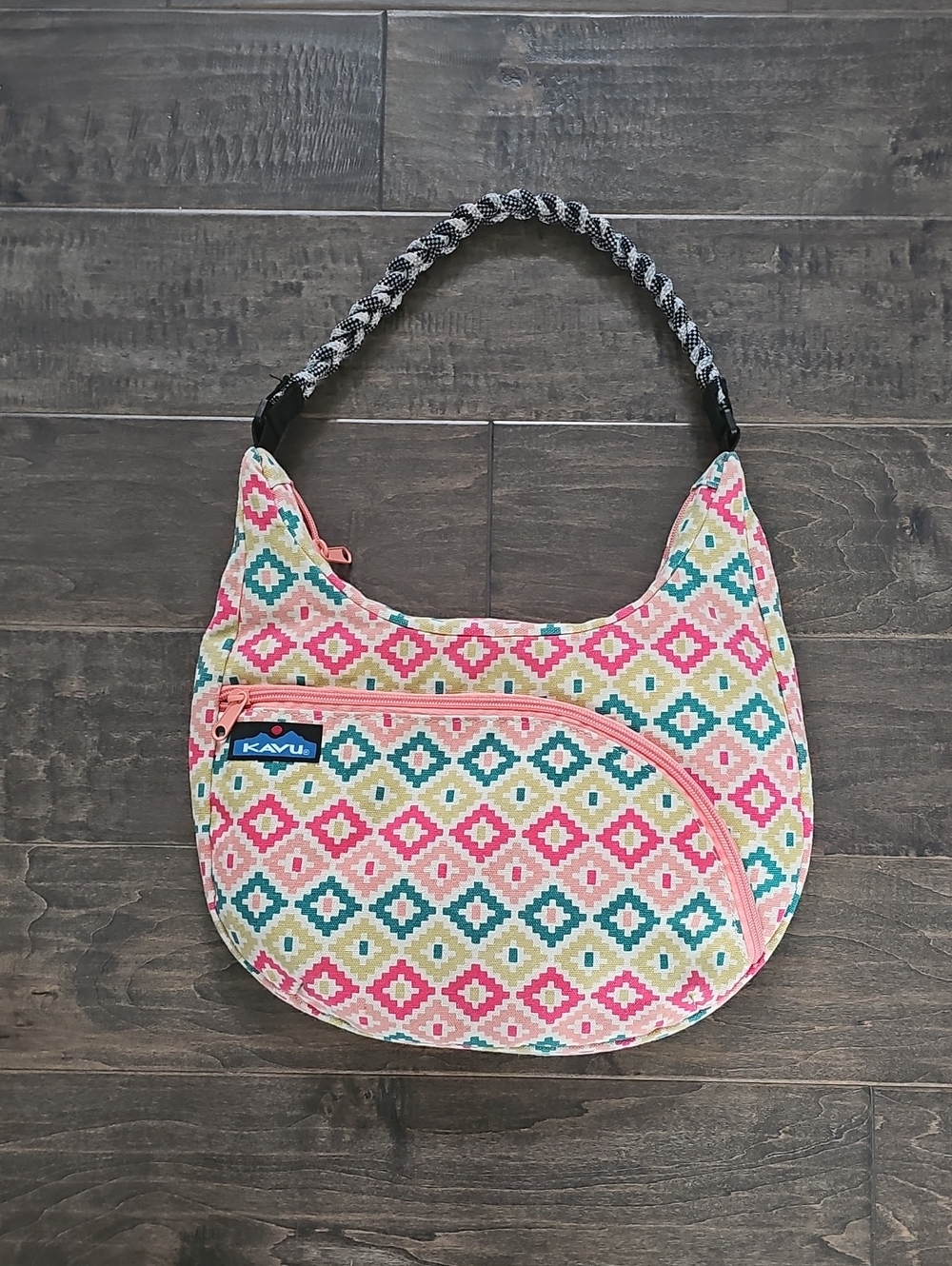 Kavu Sydney Satchel Multicolor Diamond Geometric Print Shoulder Bag Pink Trim